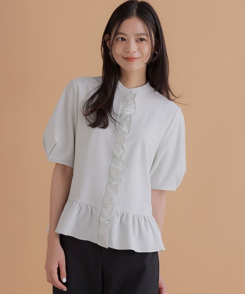 CADUNE 新品 フリルカットソー 半袖 ホワイト 38 組曲（KUMIKYOKU） tシャツ 半袖 ツイルジャージーフリル 半袖