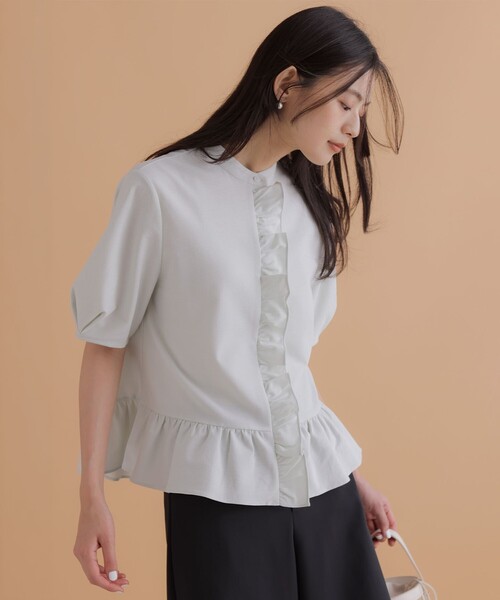 CADUNE 新品 フリルカットソー 半袖 ホワイト 38 組曲（KUMIKYOKU） tシャツ 半袖 ツイルジャージーフリル 半袖