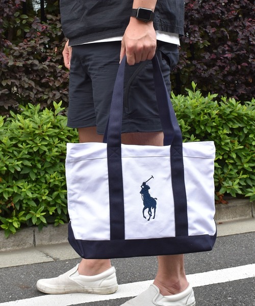 良品 ポロラルフローレン キャンバス トートバッグ ネイビー デカロゴ ポロラルフローレン キャンバス トートバッグ ネイビー 赤ロゴ大