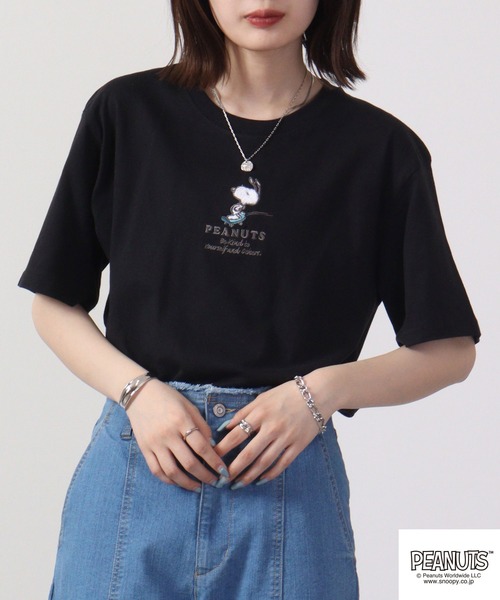 スヌーピー　Tシャツ　半袖　レディースL　デカサガラ刺繍　バックプリント♪　G PEANUTS SNOOPY サガラ刺繍Tシャツ レディース