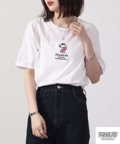 スヌーピー　Tシャツ　半袖　レディースL　デカサガラ刺繍　バックプリント♪　G スヌーピー Tシャツ 半袖 レディースL デカサガラ刺繍 バック