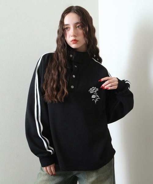 Nilway（ニルウェイ） トレーナー スウェット 薔薇 刺繍 ハーフボタン