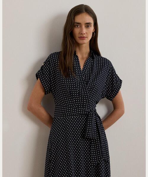 LAUREN RALPH ワンピース ポルカドット ベルテッド クレープ