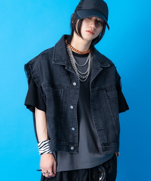 デニムジャケット gジャン a.p.o.v. ノースリーブクラッシュダメージ