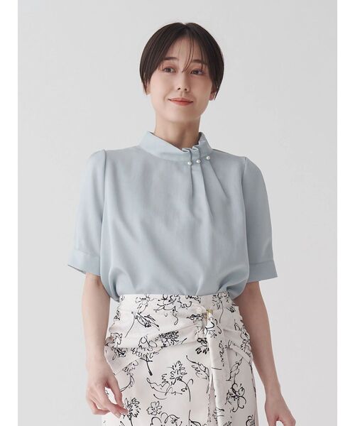 ブラウス シャツ タックネックパールハーフスリーブブラウス レディース