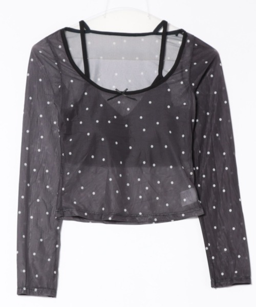 Achic tシャツ ドットメッシュキャミ付きシアートップス