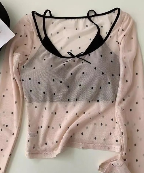 Achic tシャツ ドットメッシュキャミ付きシアートップス