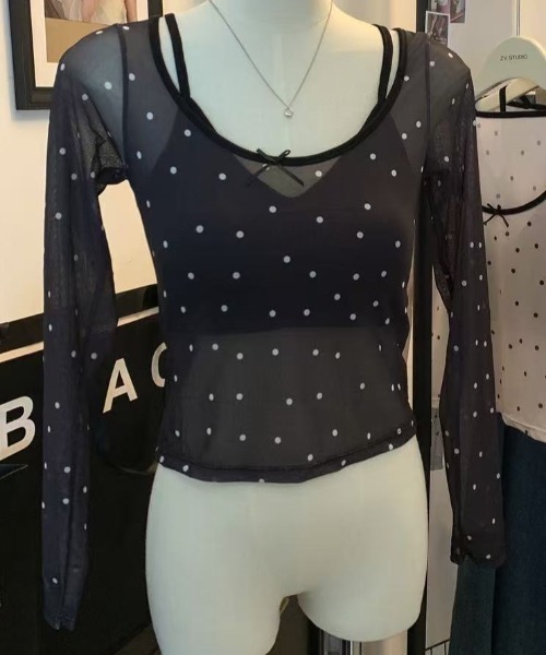 Achic tシャツ ドットメッシュキャミ付きシアートップス