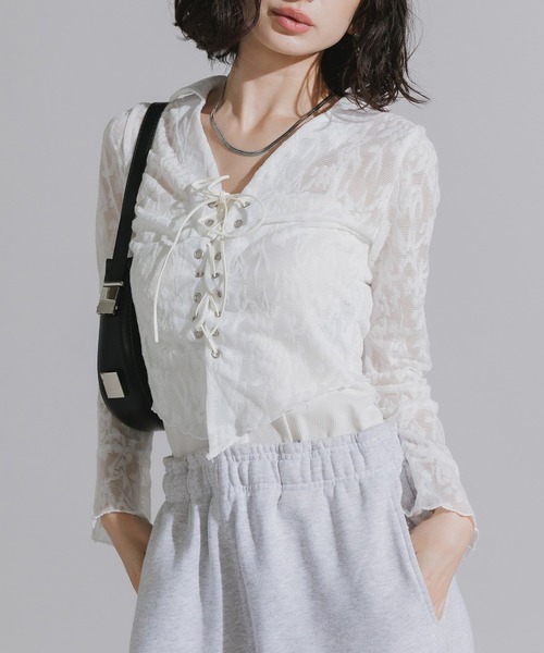 Chick ブラウス シャツ Lace-Up Floral Lace Tops / レースアップ 花柄
