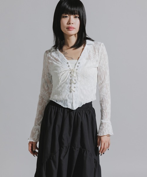 Chick ブラウス シャツ Lace-Up Floral Lace Tops / レースアップ 花柄