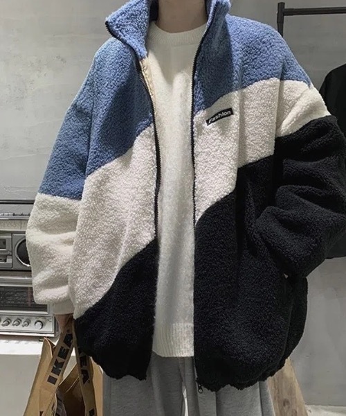 ブルゾン アウター ボアフリースカラーブロック切り替えジャケット