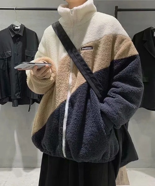 ブルゾン アウター ボアフリースカラーブロック切り替えジャケット