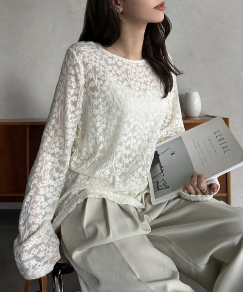 Eclat one tシャツ 「Eclat one」透かし柄 シアー トップス レディース