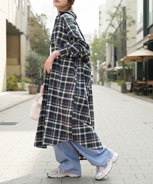 【大きいサイズ】バーバリー ロングシャツワンピース チェック ダブル ロゴボタン HUG.U（ハグユー） シャツワンピース チェックロングシャツワンピース