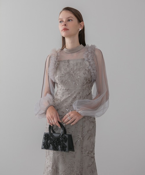 LEJA フラワースパンコール ロングスリーブ マーメイドワンピースドレス 当日発送】フラワースパンコールチュールフリルロングスリーブ