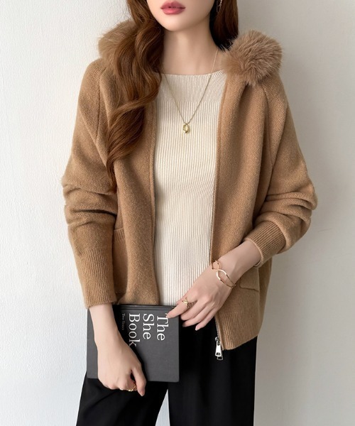 COCOMOMO パーカー ファー付きダブルジップパーカー ニットパーカー