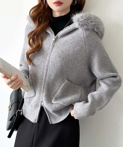 COCOMOMO パーカー ファー付きダブルジップパーカー ニットパーカー