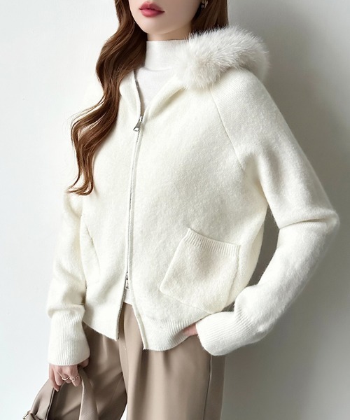 COCOMOMO パーカー ファー付きダブルジップパーカー ニットパーカー