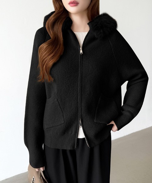 COCOMOMO パーカー ファー付きダブルジップパーカー ニットパーカー