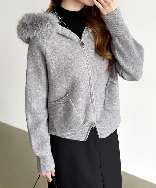 COCOMOMO パーカー ファー付きダブルジップパーカー ニットパーカー