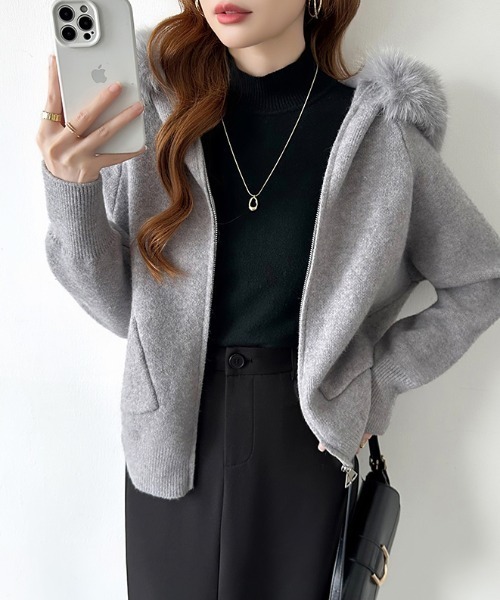 美品✧ エムズグレイシー ファーニット ダブルジップパーカー グレー 38 COCOMOMO パーカー ファー付きダブルジップパーカー ニットパーカー