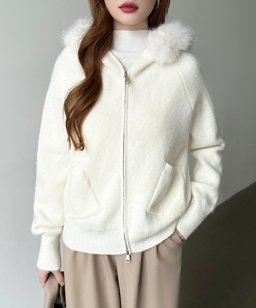 COCOMOMO パーカー ファー付きダブルジップパーカー ニットパーカー