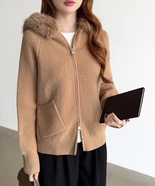 COCOMOMO パーカー ファー付きダブルジップパーカー ニットパーカー