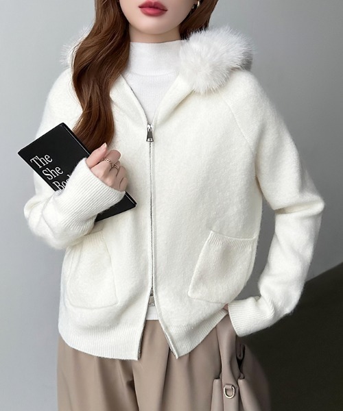 COCOMOMO パーカー ファー付きダブルジップパーカー ニットパーカー