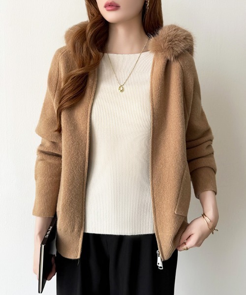 COCOMOMO パーカー ファー付きダブルジップパーカー ニットパーカー