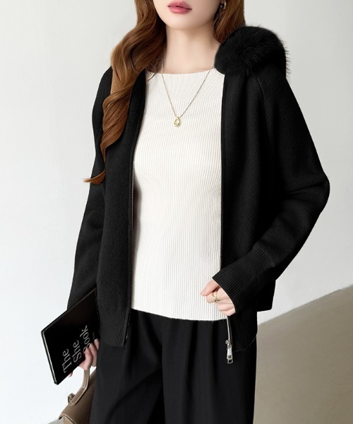 COCOMOMO パーカー ファー付きダブルジップパーカー ニットパーカー