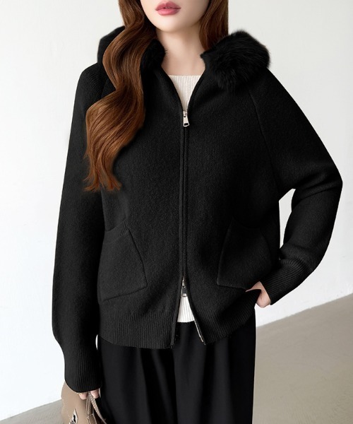 COCOMOMO パーカー ファー付きダブルジップパーカー ニットパーカー