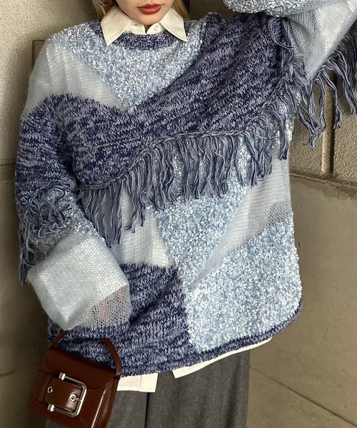 Ameri（アメリ） ニット セーター DOCKING PATTERN FRINGE KNIT