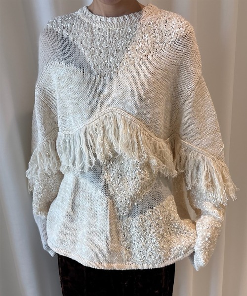 Ameri（アメリ） ニット セーター DOCKING PATTERN FRINGE KNIT