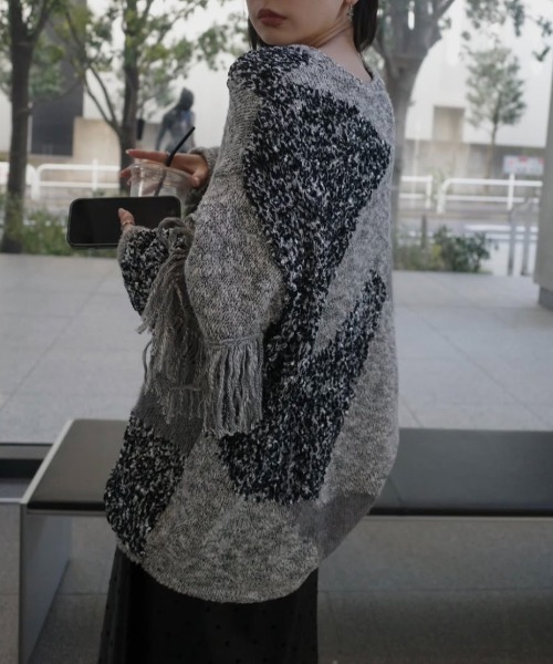 Ameri（アメリ） ニット セーター DOCKING PATTERN FRINGE KNIT