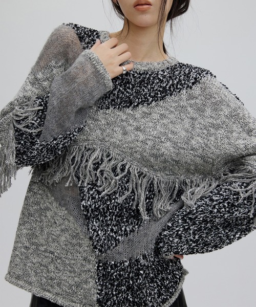 Ameri（アメリ） ニット セーター DOCKING PATTERN FRINGE KNIT