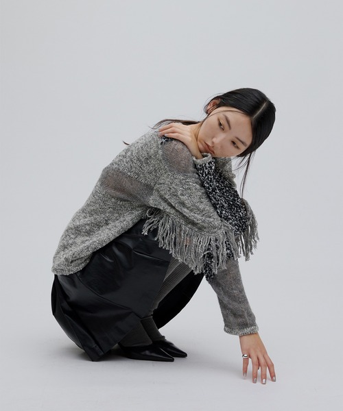 Ameri（アメリ） ニット セーター DOCKING PATTERN FRINGE KNIT