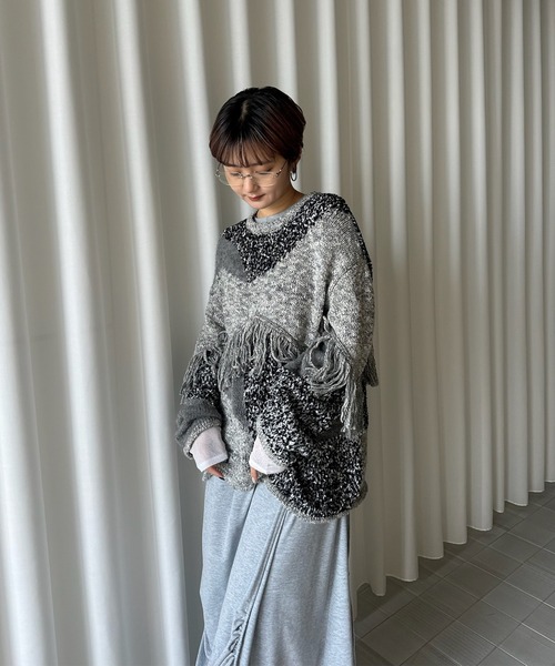 Ameri（アメリ） ニット セーター DOCKING PATTERN FRINGE KNIT
