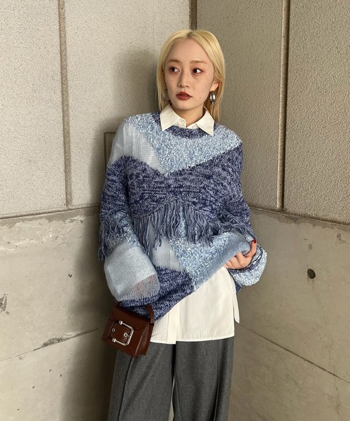 Ameri（アメリ） ニット セーター DOCKING PATTERN FRINGE KNIT