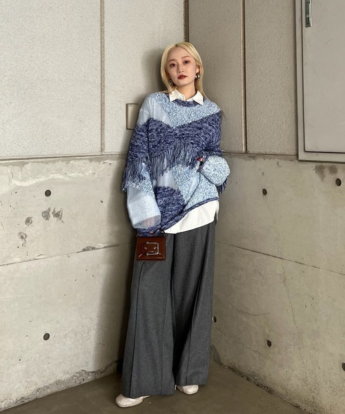 Ameri（アメリ） ニット セーター DOCKING PATTERN FRINGE KNIT