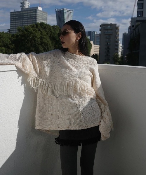 Ameri（アメリ） ニット セーター DOCKING PATTERN FRINGE KNIT