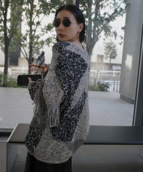 Ameri（アメリ） ニット セーター DOCKING PATTERN FRINGE KNIT