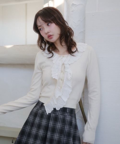 fupel ニット セーター cotton lace frill tie knit tops / コットン