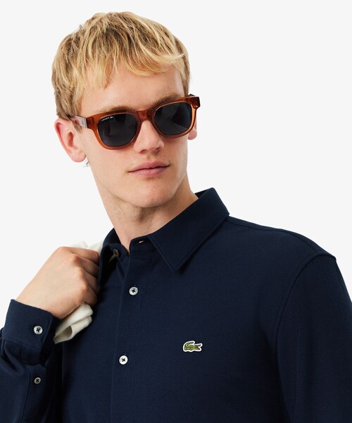 希少✨ LACOSTE ラコステ 襟ロゴ スリムフィット 鹿の子 ブラックM LACOSTE（ラコステ） シャツ スリムフィット オーガニックコットン