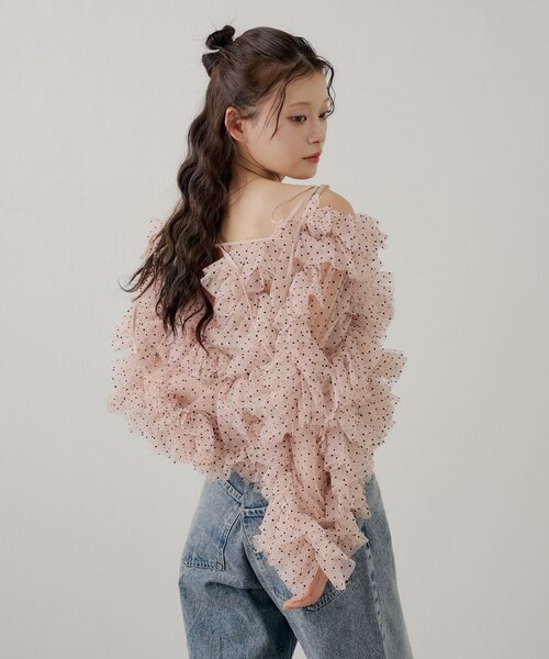 【SALON by Chico】オフショルランダムチュールドットブラウス　新品 Chico（チコ） ブラウス シャツ 「SALON by Chico」オフショルランダム