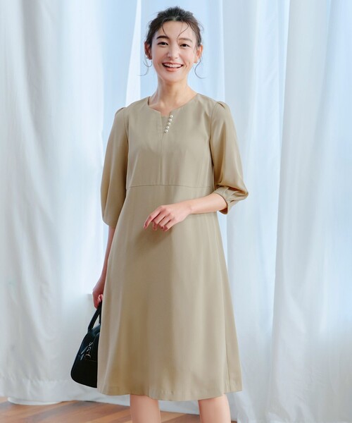 「Tiaclasse」 7分袖ワンピース XX-LARGE ベージュ レディース_画像3