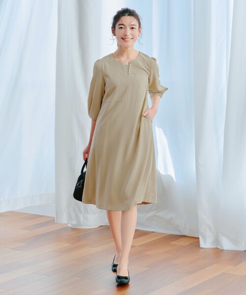「Tiaclasse」 7分袖ワンピース XX-LARGE ベージュ レディース_画像4