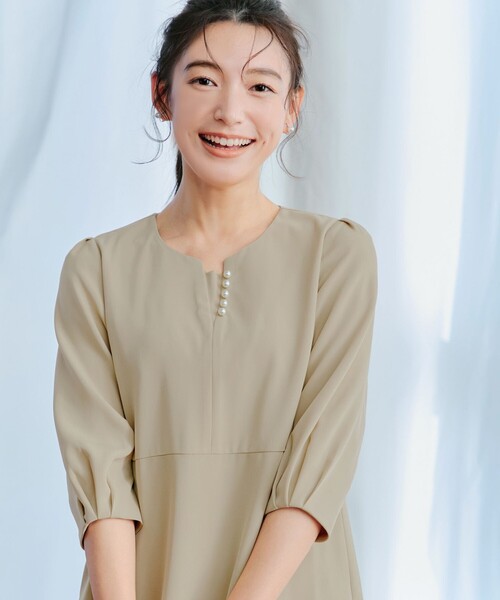 「Tiaclasse」 7分袖ワンピース XX-LARGE ベージュ レディース_画像5