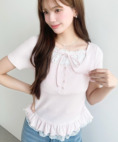 moment+ tシャツ 半袖 レースレイヤード風リボンフリルトップス