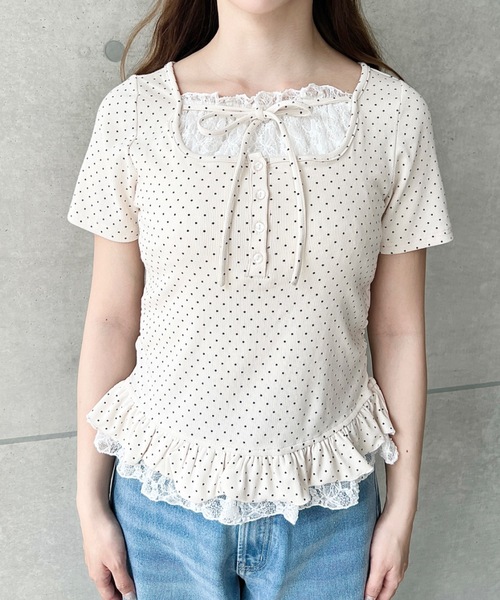 moment+ tシャツ 半袖 レースレイヤード風リボンフリルトップス