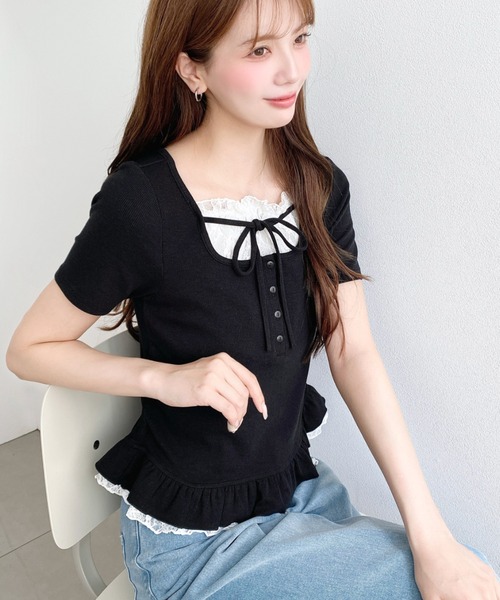 moment+ tシャツ レースレイヤード風リボンフリルトップス レディース